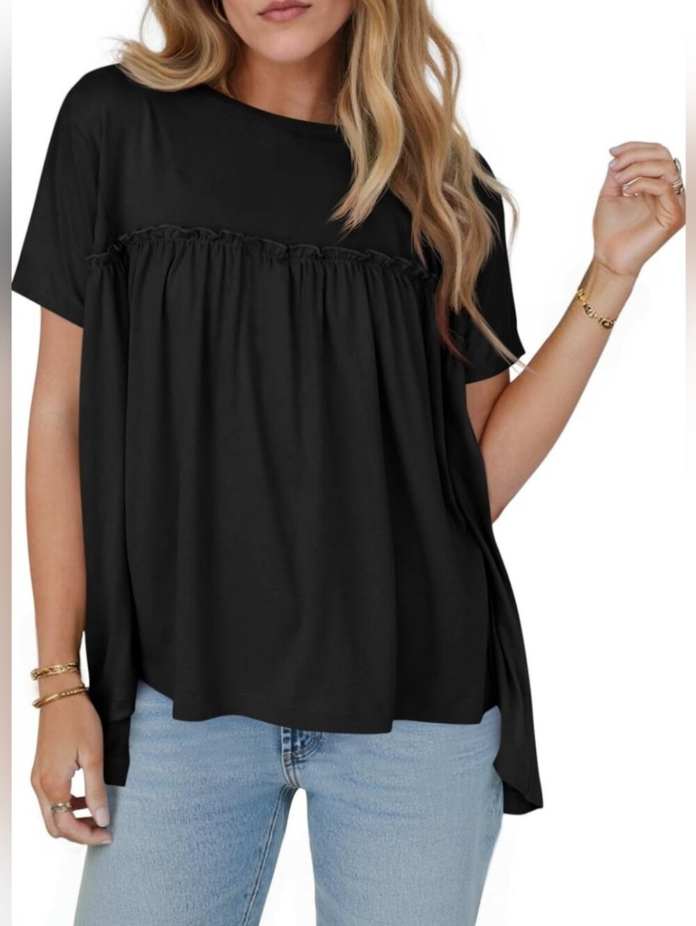 Cicy Bell Black Babydoll Top Short Sleeves Pleated Ruffle Loose Fit Shirt XXL 2X